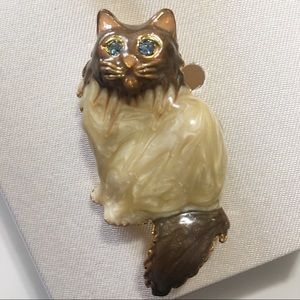 Cat Brooch White Brown Enamel Gold Tone Vintage